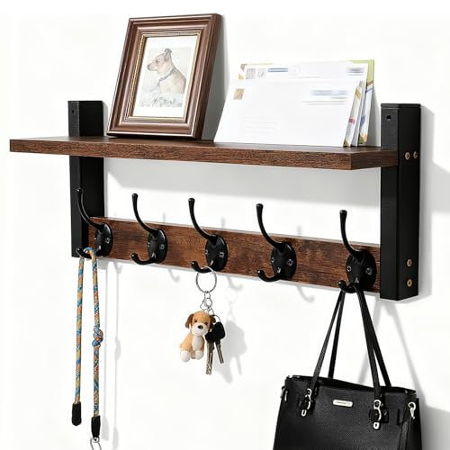RETSAMV Portachiavi da Parete con Mensola e 5 Ganci 43 cm, Attaccapanni da Muro per Ingresso/Corridoio, Porta Posta e Cappelli, Organizzatore e Decorazione per Soggiorno e Camera da Letto