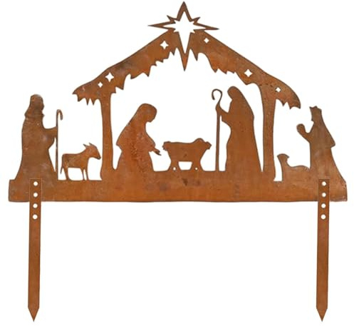 Silueta de pesebre para exteriores, belén de metal, resistente a la intemperie, decoración exterior de Navidad, jardín, patio, escena navideña, cartel de Jesús María José, estrella colgante de luz