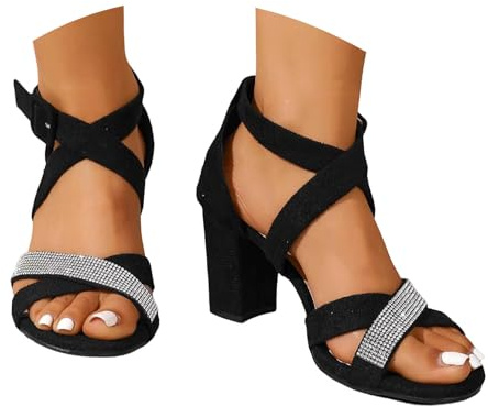 Générique Sandales à talons hauts à brides et bout ouvert avec strass, plateforme confortable pour pieds larges, chaussures d'été élégantes pour soirées et mariages