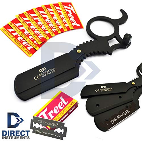 Professional Black Finger Insert Handle Razor Barber Hair Shaving Straight Men Cut Throat Beard Styling With FREE Blades