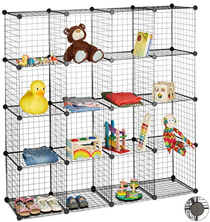 Relaxdays Étagère modulable grille treillis 16 cubes compartiments DIY métal meuble rangement 35x35 cm, noir