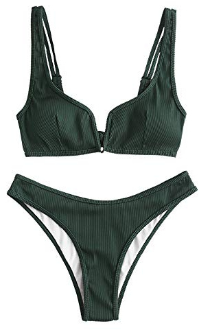 ZAFUL Damen Bikini Set, Zweiteilige Gerippter Bikini-Oberteil mit V-Verkabelung High Cut Bademode Sexy Swimsuit Sommer (Mittleres Waldgrün, S)