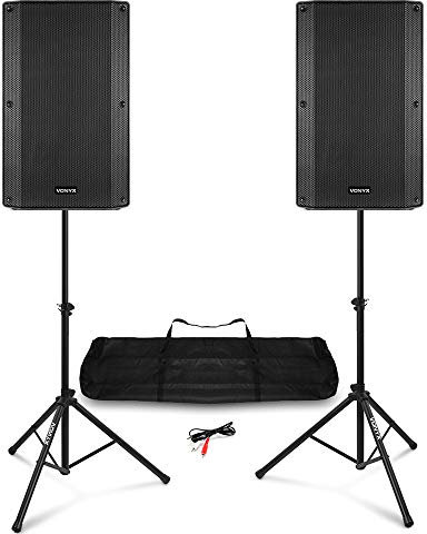 Vonyx VSA150S 15 Bluetooth Active PA Speaker System 1000W with Speaker Stands, Wireless Audio Streaming & 3.5mm RCA Cable - DJ Events & Live Stage Sound Kit