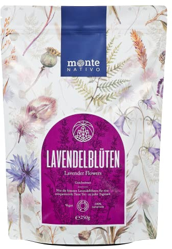 Flores de lavanda (250g) MonteNativo - Lavandа sin aditivos - Fragancia intensa - Flores para almohadas aromáticas, bolsas aromáticas y sobres - Té de lavanda - 100% puro y natural - Té o fragancia