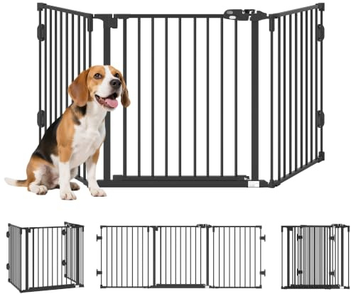 PawHut Recinto Cancelletto per Cani Regolabile Pieghevole 202.5x76cm Nero | Sistema di Blocco, Chiusura Automatica, Cancello per Cani, Metallo e Plastica