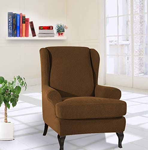 GUYIRT Jacquard Universal Sesselbezug 2 Stück Husse Für Ohrensessel Volltonfarbe Mit Hoher Dehnung Sofabezug Waschbar Sesselhusse -braun
