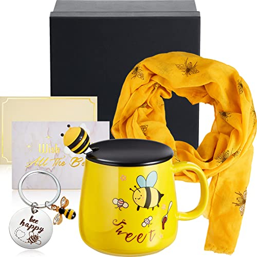 EBOOT 4er Set Thema Geschenkset für Frauen, Einschließlich Keramik Tasse mit Deckel und Löffel Schal Schlüsselanhänger mit Box und Geschenkkarte Geschenk(Biene)