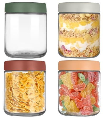 YUEYEE 4 Pack 16 OZ Overnight Oats jar,Glass Jars with Lids for Overnight Oats Salad Jars Fruit Yogurt Pudding Chutney Jam Spice,Reusable Mason Jars with Sealing Screw Lids