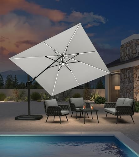 PURPLE LEAF 3 X 3 M Garden Cantilever Parasol, LED Swivel Square Patio Umbrella with Crank Handle and Tilt for Balcony and Outdoor, White