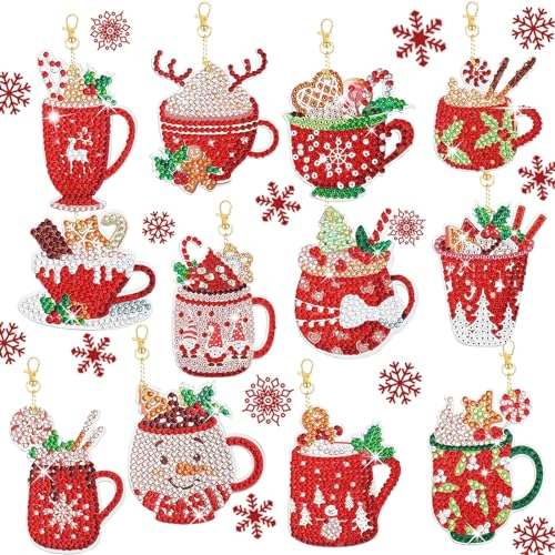 YAOYIN 5D Diamond Painting Weihnachten Anhänger 12er Set - Kinder Bastelset für DIY Weihnachtsbaum Deko - Schlüsselanhänger