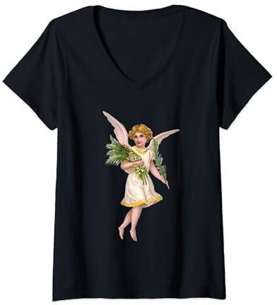 Heavenly Young Vintage Angel with flowers and palm leaves V-Neck T-Shirt