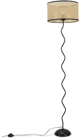 ValueLights | Black Metal Wavy Single Stem Floor Lamp Base with Natural Wicker, Black Trim Shade | Home Décor, Bedside & Desk Lamp