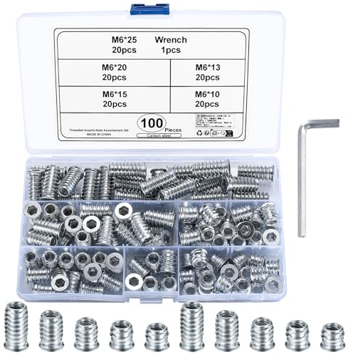 M6 Inserti Filettati, 100 Pezzi Boccole Filettate per Legno, Bussole Filettate, Dado Inserto Filettato Esagonali in Zinco Bianco, Viti Dadi Esagonale Inserti per Mobili in Legno