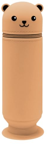 Jadin Niedliches Federmäppchen im Bären Stil, Großes Stand Up Becher aus Weichem Silikon, Tier Federmäppchenhalter für Kinder, Studenten, Erwachsene (Braun)