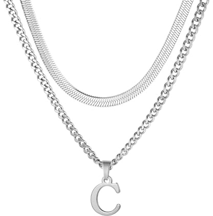 Buchstaben Halskette Herren, Edelstahl Silber kubanische Kette verstellbare Schlange Kette mit A-Z Letter Anhänger Geschichtet Halskette für Männer Papa Freund Geburtstag Vatertag Weihnachtsgesc (C)