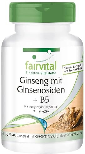fairvital Roter Panax Ginseng + Vitamin B5, 90 Tabletten, mit Pantothensäure & Ginsenosiden, qualitätsgeprüft und hochdosiert, 100% vegan, Made in Germany