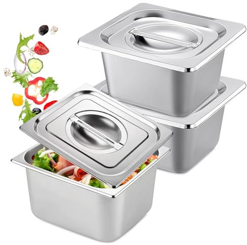 Lot de 3 Bac Inox Alimentaire, Récipients en Acier Inoxydable avec Couvercle, Plat Four Rectangulaire, Plats à Four en Acier Inoxydable, Récipient Gastronorme Alimentaire, 17,6 x 16,2 x 10 cm