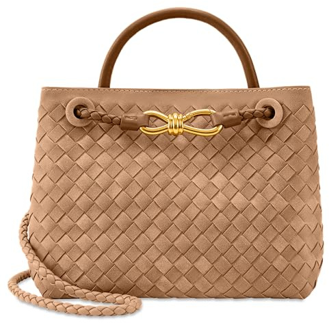 Gewebte Tragetasche für Damen, Leder, Schultertasche, Designer-Handtasche mit Tragegriff oben, Veloursleder-Khaki