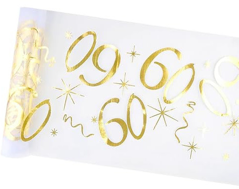 Tischläufer 60 Geburtstage 28cm × 10m Tischdecke Gold Rolle | Glänzend Goldfolie Happy Birthday Tischdeko, Tischband aus Dekostoff Netz für Party Geschenke DIY Basteln