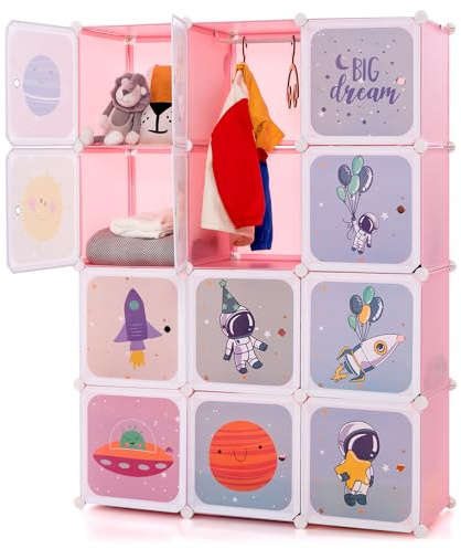 COSTWAY Kinder Kleiderschrank, Regalsystem aus Kunststoff mit 12 Würfeln, Kinderregal erweiterbar mit Türen & 2 Aufhänger, Aufbewahrungsschrank niedlich für Kinderzimmer, Spielzimmer (Rosa+Weiß)