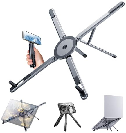 Ymuyus Multi-Device Magnetic Stand Compatible with Magsafe, Foldable Aluminum Alloy, 3-in-1 Laptop/Tablet/Phone Holder, Supports Handheld or Desktop Mode, Portable Travel Design, Gray