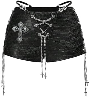 Floerns Women's Gothic Lace Up Leather Micro Mini Shorts Low Rise Rave Outfit Hot Pants Black Large
