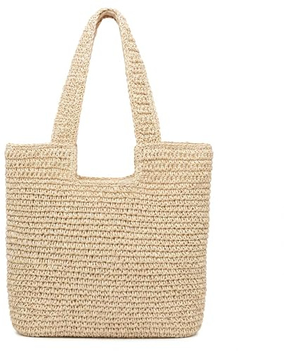 Larcenciel Bolsa Tote de Paja, Beige Bolsos Mujer Verano Playa con Asa Superior y Cremallera, Boho Bolso Hombro Trenzado Rafia para Compras, Vacaciones, Viajes, Trabajo y Diario, 39x40CM