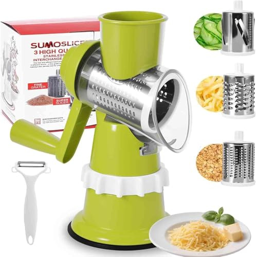 Cheese Grater, Rotary Cheese Grater with 3 Stainless Steel Graters,Cheeses Grater Rotary with Suction Cup Base, Rotary Grater,Rotary graters for Kitchen for Cucumber, Carrots, Nuts and More (Green)