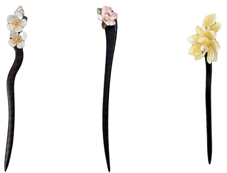 Lot de 3 Baguettes Femme Cheveux en Bois Lisse Sans Accroc, Épingles à Cheveux Chinoises Rétro pour Maintien Stable du Chignon, Accessoires Vintage Fleur Rouge et Perle Noire
