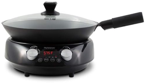 Nuwave Mosaic Induction Wok, Precise Temp Controls from 100°F to 575°F in 5°F, Wok HEI, Infuse Complex Charred Aroma & Flavor, 3 Wattages 900, 1500 & 1800, Authentic 14-inch Carbon Steel Wok Included