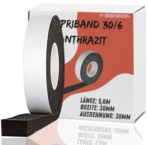 S&S-Shop Kompriband 5,6 m lang, 30/6 anthrazit, expandiert von 6 auf 24 mm, Fugenbreite 6-24 mm, Rollenbreite 30 mm, Acryl 300, Fugenband, Quellband, Dichtband
