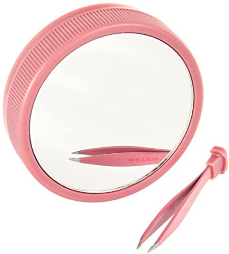 Beter – Double Magnifying Mirror x10, with led Light, Precision Tweezers Inside, Oooh Tweezers Flash Patented Design, Your Hand Mirror with Light for The Bag, Pink Color