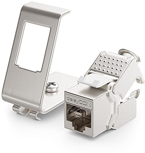 deleyCON 1x CAT6a Keystone Jack Module Avec 1x 1-Port Adaptateur Pour Profilé Chapeau Comme Set Métal STP Blindage RJ45 Femelle 10 Gbit/s Réseau Montage Snap-In Pour Profilés Chapeau 35mm