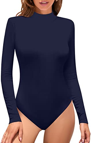 SHEIUGU Body sans manches à manches longues col montant pour femme, coupe douce et ajustée, extensible, haut de superposition, combinaison classique, bleu marine, Large