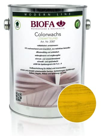 BIOFA Colorwachs lösemittelfrei farbig natürliche Holz-Wachs-Lasur mit Carnaubawachs für Holzdecken, Möbel, Spielzeug Zitronengelb 2,5L