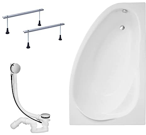 KOLMAN Badewanne MAREA Eckbadewanne 150x100 Rechts ohne Verkleidung, Ablaufgarnitur und Füßen Komplettset 3in1 Premium Original Acryl Wanne Siphon