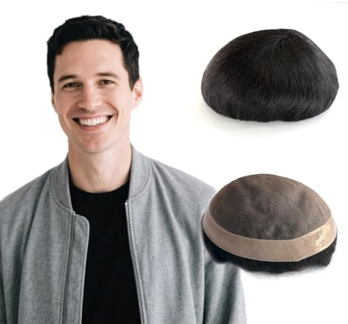 Hywel Toupee for Men with 100% Human Hair, Mono Top with Poly Coating Around Cap Mens Wig, Straight Wave Hair Pieces Replacement for Men System Off Black #1B (7 * 9 Inch)