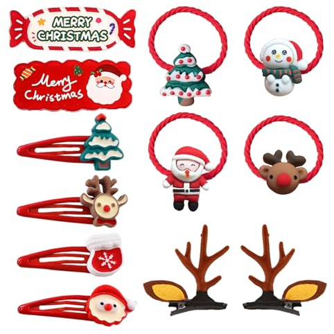 KASESSS 12 Stück Weihnachten Haarschmuck Set, Weihnachts Haarspangen Kinder Mädchen Weihnachtlicher Haarschmuck, Elastische Haargummi Weihnachten Damen, Rentier Geweih Haarnadeln Haarclips für Party