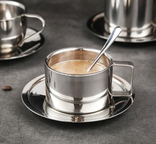 Stainless Steel Coffee Mug Set, 200ml Double Wall Coffee Mug with Saucer Cup Spoon Handle 3Pcs European Style Light- Luxury Metal Coffee Milk Tea Cup Set for Home, Cafes, Restaurant