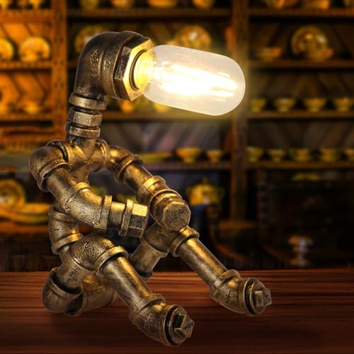 YOOLYER Steampunk Decor Table Lamp for Men Unique Creative Robot Style Desk Lamp,Vintage Industrial Metal Pipe Water Pipe Light, Home Decor Ideal for Bedrooms,Study. (Bronze C)