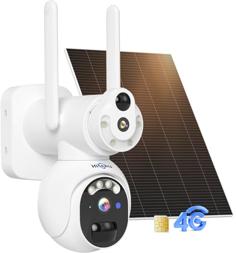 Hiseeu 【24/7 Registrazione+10400mAh】 3G/4G LTE Telecamera Solare Esterno da Senza Fili con Scheda SIM 8W Pannello Solare 2K PTZ Telecamera da Esterno, Visione Notturna a Colori, Rilevamento PIR