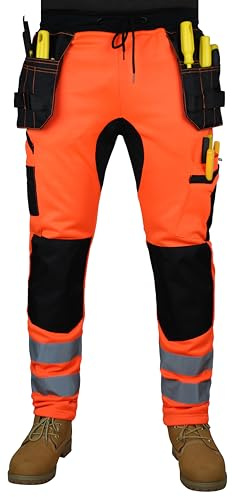 Men's Fleece Hi Viz Work Trousers Thick Fleece Hi Vis Joggers High Visibility Combat Trousers Workwear Pants (SHP-Orange, M)