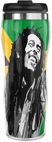 Pixly® Bob Marley Jamaica Thermal Travel Mug Coffee Tea Flask, 400ml/14oz Capacity, Raggae Rasta Art Rastafarian Fun Gift