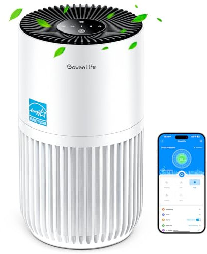 GoveeLife Mini-Luftreiniger fürs Schlafzimmer, intellig. HEPA-Filter mit Alexa-App-Steuerung gegen Tierhaare, Gerüche, Pollen, Rauch, Tragb. Luftreiniger mit 3 Geschwindigkeiten, 2 Modi, Timer, Aromen