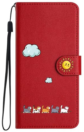 Jeffene Handyhülle für iPhone 13 (6.1 Zoll) Hülle Klappbar,Tasche Ständer Kartenfach Klapphülle Katze PU Leder Flip Cover Case für iPhone 13,Rot