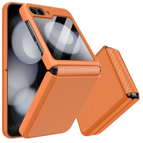 Giyer Handyhülle für Samsung Galaxy Z Flip 6 Hülle mit Displayschutzfolie Scharnierschutz, Rutschfester Textur Hard PC Rugged Stoßfest Schutzhülle für Samsung Z Flip 6 5G Flip Case Cover (Orange)