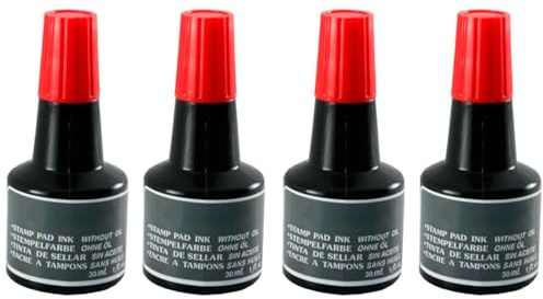 Tradineur - Pack de 4 Botes de tinta para tampones y sellos - Tinta de sellar sin aceite, válida para sellos de oficina - Entintado manual - Capacidad de 30 ml - Color Rojo