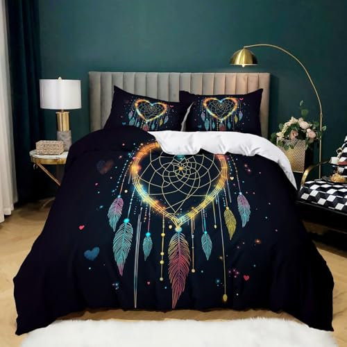 Nero Copripiumino Matrimoniale 240x220 Tema d'amore piuma a forma di cuore 3D Stampa Morbida Microfibra Biancheria da Letto con Cerniera per Bambini/Adulti 1 Copripiumino + 2 Federe 50x80 cm