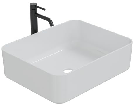 HAGO24 | Keramik Waschbecken | Aufsatzwaschbecken 505x395x135mm | Weiß eckig | Abgerundete Ecken | Waschschale | Kratzfest | Glasur | Standard-Anschluss