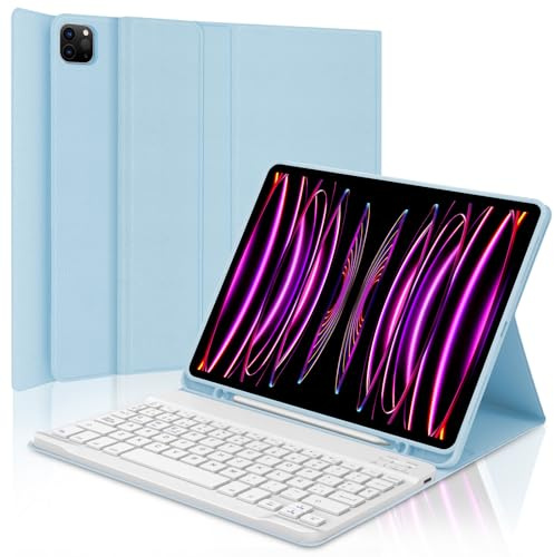 WINCHKING Hülle Mit Tastatur Für iPad Pro 12 9 Zoll 6. Generation, Tastatur Für iPad Pro 12.9 6./5./4./3 Gen(2018-2022), Kabellose Bluetooth Magnetisch Abnehmbarer Mit Qwertz Layout, Himmelblau